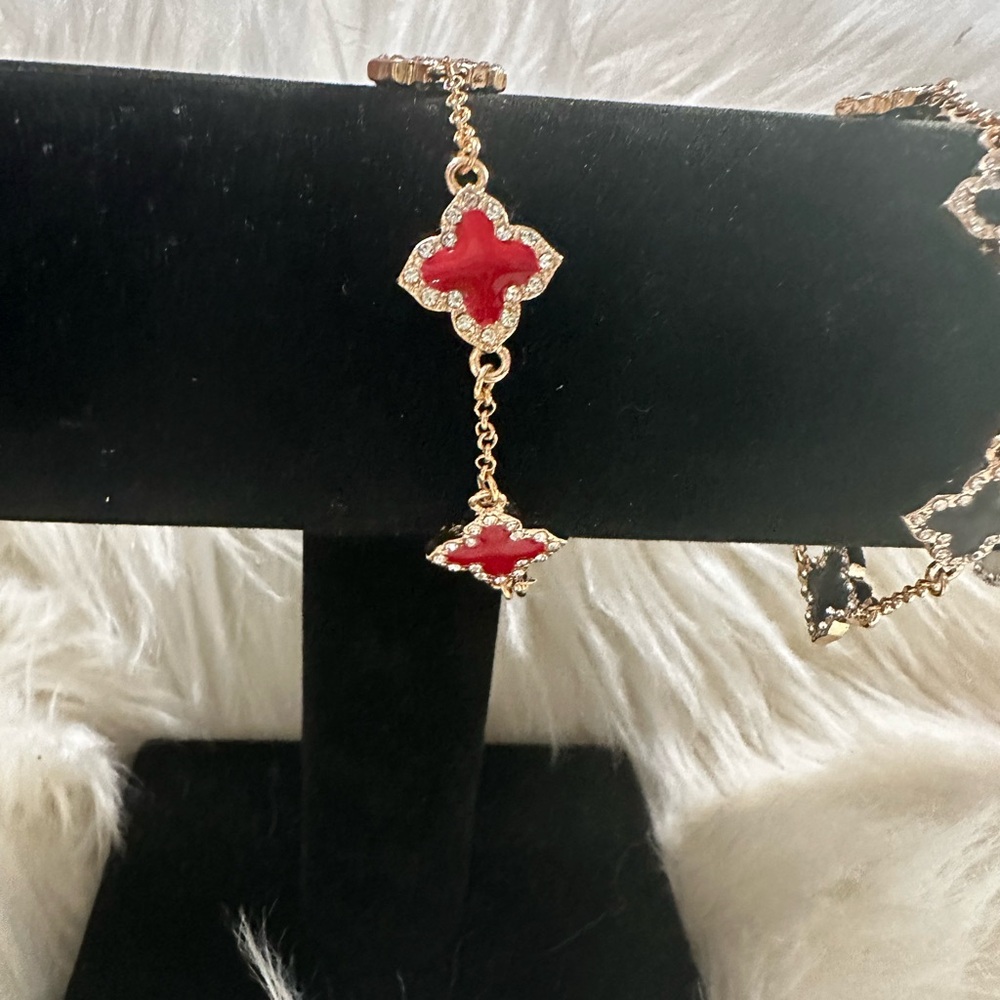 Gold Plated Red Clover Charm Rhinestone Bracelet - Women Jewelry